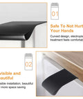 Close-up of Six Pack Slick Finger Edge Pulls Self Stick Instant Cabinet Drawer Pull Concealed Handles installed under a tabletop.