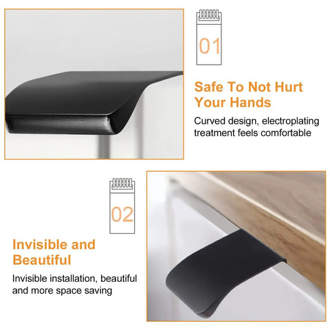 Close-up of Six Pack Slick Finger Edge Pulls Self Stick Instant Cabinet Drawer Pull Concealed Handles installed under a tabletop.