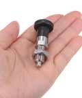 Kickass Stainless Steel Push Fit Ball Nose Spring Plunger M10x1 Thread With Slick 5mm Pin Diameter And Relentless Self Locking Design held in hand.