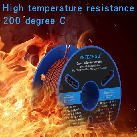 22 Gauge Red And Black Parallel Silicone Wire 500ft spool with flames showing high temperature resistance up to 200 C.