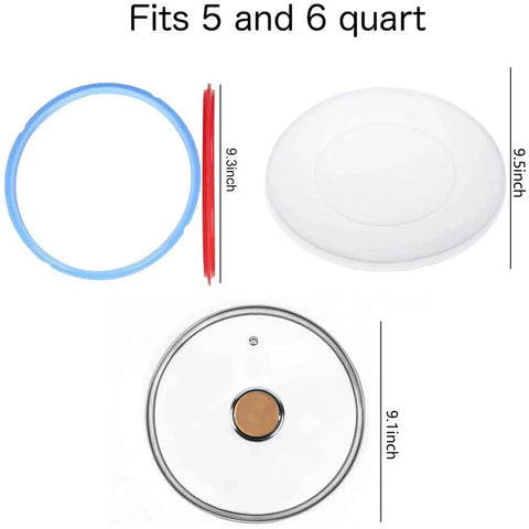 Tempered Glass Lid And Silicone Cover For Instant Pot 6 Quart Set Of 4 Accessories with replacement sealing rings, fits 5 and 6 qt