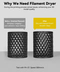 3D printed models showing before and after effects with Filament Dryer And Storage Box, improvement in print quality