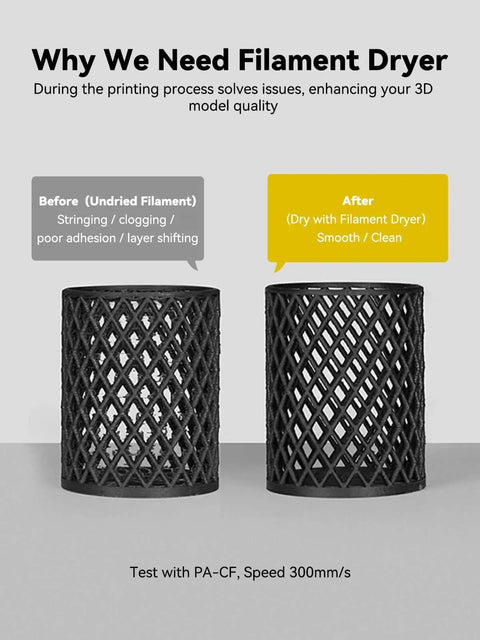 3D printed models showing before and after effects with Filament Dryer And Storage Box, improvement in print quality