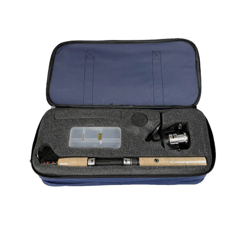 Voyager Spinning Freshwater Travel Kit with Six Foot Graphite Rod in open compact nylon carry bag with foam insert
