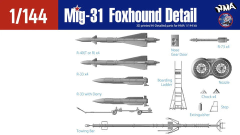 MiG-31 Foxhound 1/144 Detail Parts Set For Plastic Model Kit includes missiles, boarding ladder, and nozzle components
