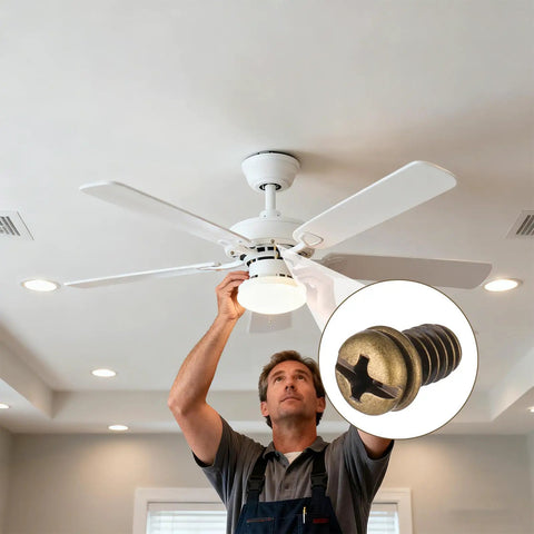 Technician installing Twenty Pack Ceiling Fan Blade Screws 1/4-20 X 3/8 Phillips Pan Head for secure fan mounting.