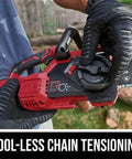 Cordless 20V Brushless Chainsaw With 12 Inch Bar And Tool Free Tension Lightweight Outdoor Power Tool Battery Kit For Backyard Cleanup And Log Cutting Bad Boy, showing tool-less chain tensioning feature.