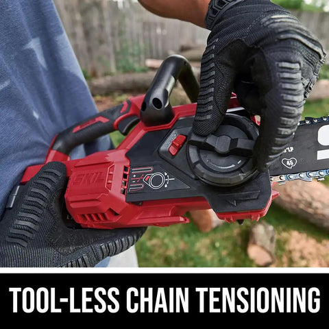 Cordless 20V Brushless Chainsaw With 12 Inch Bar And Tool Free Tension Lightweight Outdoor Power Tool Battery Kit For Backyard Cleanup And Log Cutting Bad Boy, showing tool-less chain tensioning feature.