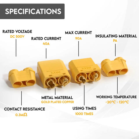 Specifications of XT90 Male And Female Bullet Connectors Set With Sheath, showing rated voltage, material, and current capacity.