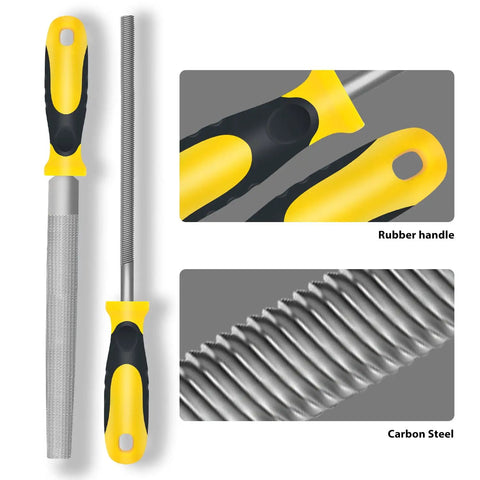 Pro Grade Steel File Set With Half Round And Round Files Plus Six Needle Files, Storage Bag And Steel Brush For Woodworking Metalworking Leather And Plastic, Heavy Duty Carbon Steel Tools For Precise Deburring And Shaping showing file details and handles.