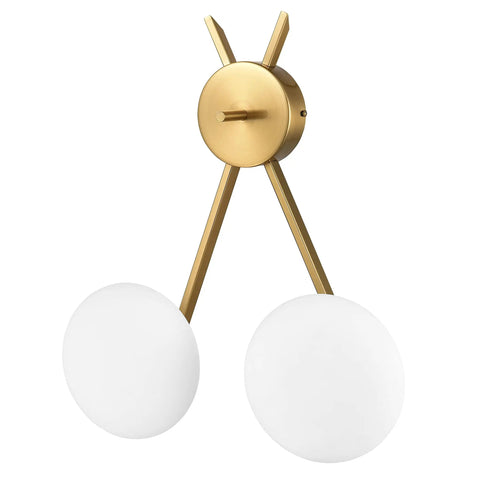 Alby 2-Light Wall Sconce in brushed brass and white opal glass shades, hardwired and dimmable, upward or downward mount