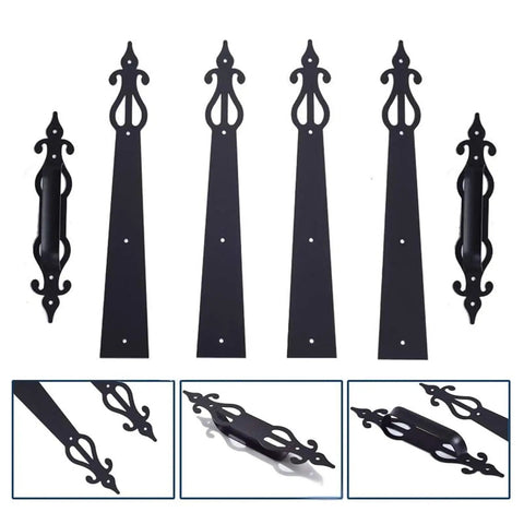 Heavy Duty Steel Decorative Garage Door Hardware Kit with Slick Damping Handles, black ornamental handles and hinges for cabinets.
