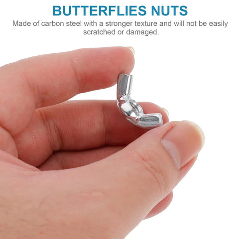 Hand holding a shiny butterfly nut made of carbon steel for secure fastenings, showcasing its smooth curve design.