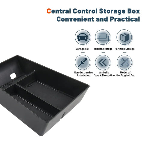BMW Center Console Organizer Tray for 2020 to 2026 X5 X6 X7 Models, showing storage sections and anti-slip shock absorption features.