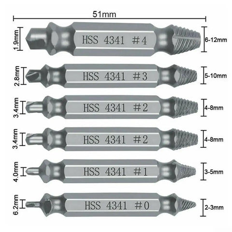 Easy Out 6 Pcs Damaged Screw Extractor Set Made From Premium High Grade Steel Reverse Drill Bits To Fix Broken Stripped Screws And Studs With Storage Case Perfect Tool Kit For Homeowners And Mechanics Looking For Quick Fixes. 6 HSS 4341 extractors, 2-12mm sizes