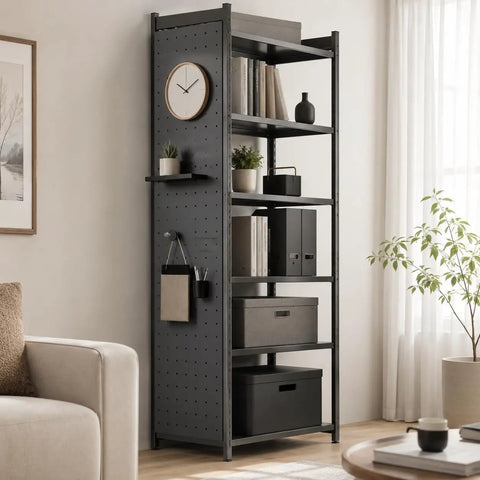 Tough As Nails Heavy Duty Adjustable Steel Storage Shelves Rust Resistant Garage Rack With Perforated Side Panels built solid, black metal, floor standing