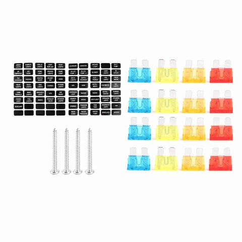 Fuse labels, colored fuses, and screws, compatible with 8 Way Waterproof Fuse Block With LED Indicators For Car Boat And Marine Use.