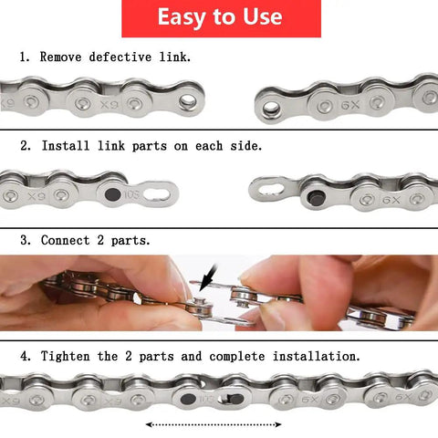 Instruction guide for Bicycle Chain Repair Tool Kit With Link Plier, 5 Pairs Quick Link Buckles For 10 Speed Chains.