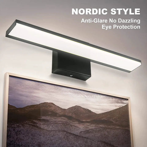 Sleek Matte Black 16 Inch LED Vanity Light For Bathroom Mirror And Cabinet 12W 1020 Lumen Cool White 6000K mounted above art