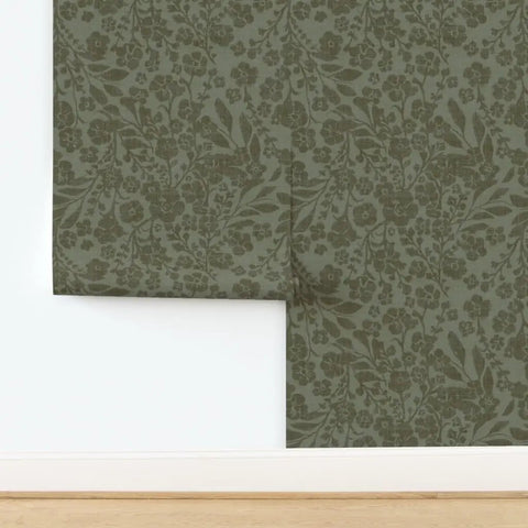 Real Dope Cottage Botanical Wallpaper With Matte Linen Texture And Pvc Free Mix showing green floral pattern on sturdy wall.