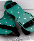 Adjustable Lawn Aerator Shoes Straps, Spiked Sandals For Soil Aeration with green base and heavy-duty adjustable spikes