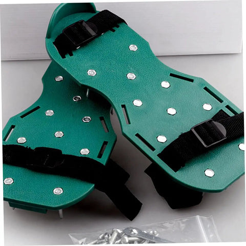 Adjustable Lawn Aerator Shoes Straps, Spiked Sandals For Soil Aeration with green base and heavy-duty adjustable spikes