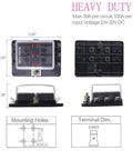 Diagram of 6 Way DC 12 To 32V Blade Fuse Box Holder With LED Warning Light And Protective Cover For Automotive Car Boat Marine Trike Plus Detailed Instruction Manual, showing dimensions and mounting holes.