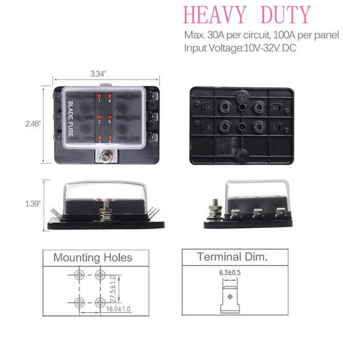 Diagram of 6 Way DC 12 To 32V Blade Fuse Box Holder With LED Warning Light And Protective Cover For Automotive Car Boat Marine Trike Plus Detailed Instruction Manual, showing dimensions and mounting holes.