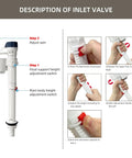 Instruction steps for adjusting the float support and height on Universal Toilet Tank Repair Kit With Dual Flush Valve And Inlet Valve.
