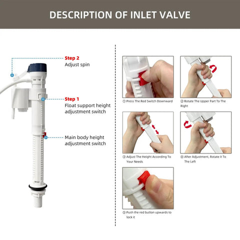 Instruction steps for adjusting the float support and height on Universal Toilet Tank Repair Kit With Dual Flush Valve And Inlet Valve.