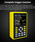Handheld USB Digital Oscilloscope 5012H with 2.4 inch IPS LCD displaying waveform in yellow case for field and lab use