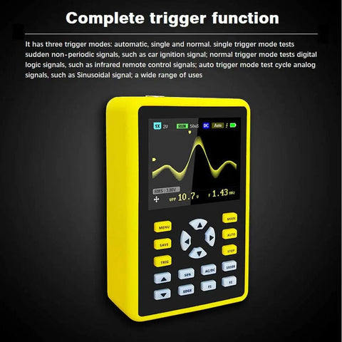 Handheld USB Digital Oscilloscope 5012H with 2.4 inch IPS LCD displaying waveform in yellow case for field and lab use
