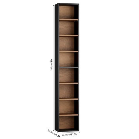 Heavy Duty Eight Tier Narrow Bookshelf With Adjustable Wooden Shelves Sleek Media Tower Rack For DVD And CD Storage Top Shelf Particleboard Design Sweet Space Saving Storage For Living Room