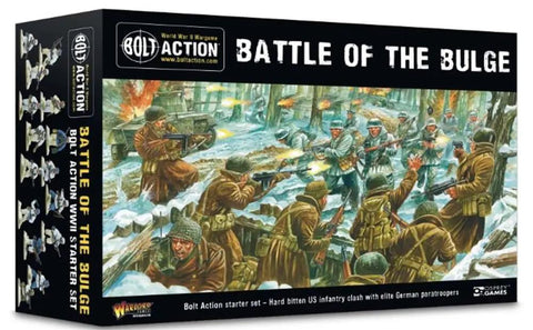 Bolt Action Battle of the Bulge Starter Set box showcasing WWII tabletop wargaming kit with miniatures for adults to recreate history.