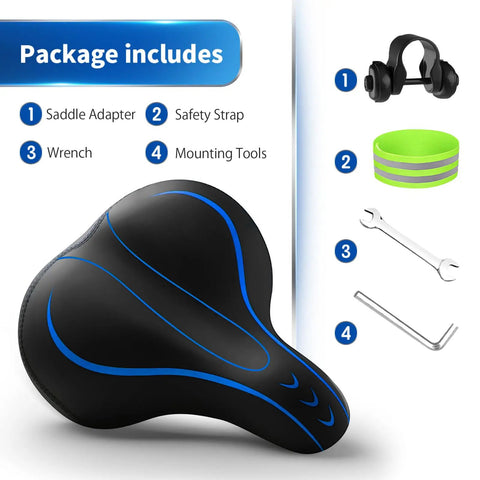 Package with Oversized Comfy Bike Seat With Extra Padding And Memory Foam For Men And Women Universal Replacement Bicycle Saddle