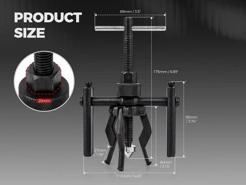 Heavy Duty 3 Jaw Internal Bearing Puller Crafted For Blind And Pilot Bearings That Expands Securely Behind Stubborn Parts dimensions view.