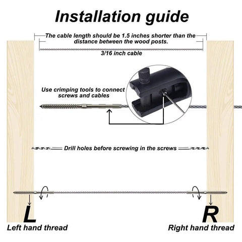 Installation guide for 3/16 Inch T316 Stainless Steel Cable Railing Hardware System Kit For Wood Posts Swage Lag Screws Left And Right 30 Pairs