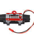 CNC Metal RC Dual Motor Winch for trucks, showcasing alloy build with hook and wiring, fits 1/10 and 1/8 scale vehicles.