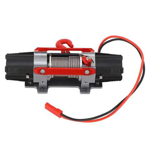 CNC Metal RC Dual Motor Winch for trucks, showcasing alloy build with hook and wiring, fits 1/10 and 1/8 scale vehicles.