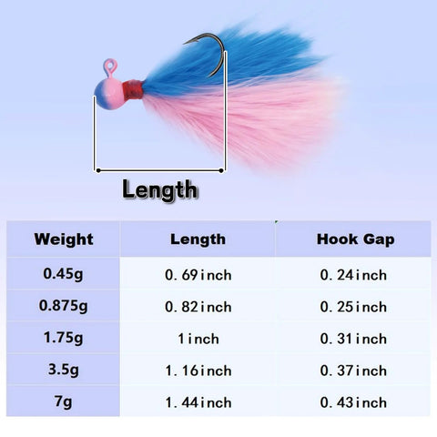 Five Piece Mixed Color Crappie Jigs Kit With Hand Tied Marabou Jigs One Sixty Fourth To One Quarter Ounce Freshwater And Saltwater Lures size chart