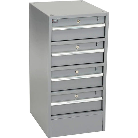 Top Shelf Double Pedestal Workbench With Expandable Drawers And ESD Safe Foundation 72 By 30 By 33 Inches gray steel storage cabinet with locked drawers.