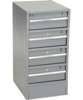 Heavy Duty Double Pedestal Workbench Rock Solid Steel Workshop Table With Secure Locking Drawers 72 Inch Wide Gray storage cabinet with multiple drawers.