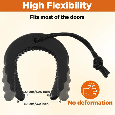 Rugged Rubber Door Wedge Stopper With Paracord Lanyard For Lightning Fast Access Two Pack, showing flexible fit dimensions and design.