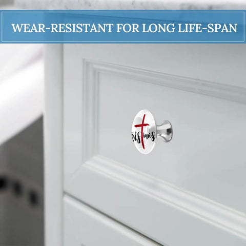 Top-Shelf Round Cabinet Drawer Knobs And Handles With A Bold Red Cross Motif, Solid Stainless Steel Backing Paired With Crisp Glass Front, Super Smooth Furniture Pulls Kit Including Mounting Hardware, Badass 2-Pack Refresh For Dresser Or Kitchen on white cabinet door.