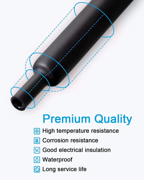 270 Piece Heat Shrink Tubing Kit With Adhesive Lined, 3 To 1 Ratio, marine grade black tubing showing quality features