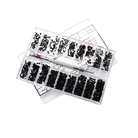 Straight Up Solid Black Screw Assortment Kit Featuring Portable Countersunk Round Head Fasteners For Glasses Watch Repair And Precision DIY Toolcases With Broad Size Range For Fast Fixes And No Hassle Storage Anywhere, shown with assorted black screws and screwdriver in clear organizer.