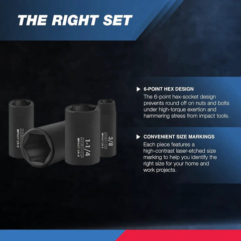 Heavy Duty One Half Inch Impact Socket Set, Fourteen Piece Six Point, showing deep sockets with laser-etched size markings