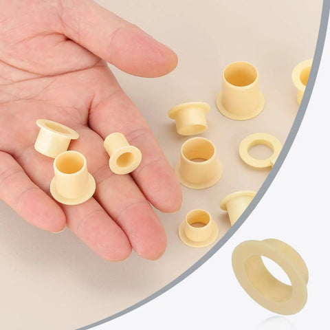 5 Pack Flanged Sleeve Bearing Plastic Bushing 12mm ID 14mm OD 6mm Length POM Yellow Durable Low Friction Bushings For Motors And Machinery Industrial Grade High Precision Fit Do It Yourself Projects, hand holding yellow flanged bushings