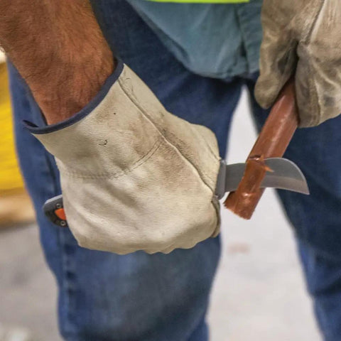 Electricians Utility Knife With Hawkbill Blade For Cable Skinning, Folding Pocket Knife in use cutting cable with gloves