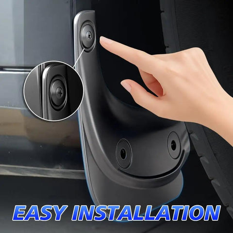 Tesla Model 3 Mud Flaps Set Of Four Front And Rear Splash Guards Custom Fit 2024 installation detail showing button mechanism.